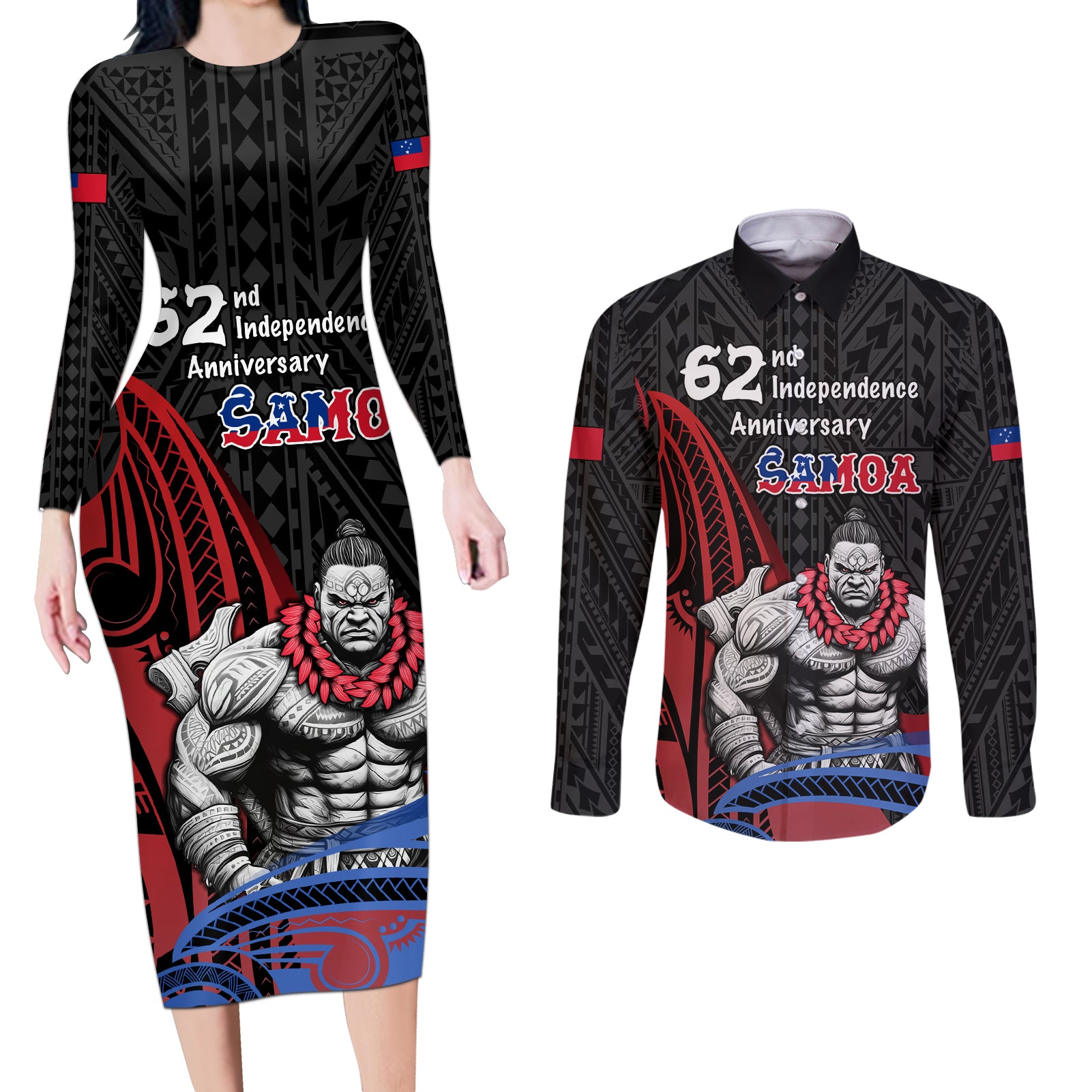 Samoa Independence Day Couples Matching Long Sleeve Bodycon Dress and Long Sleeve Button Shirt Samoan Warriors Ula Fala LT05 Black - Polynesian Pride