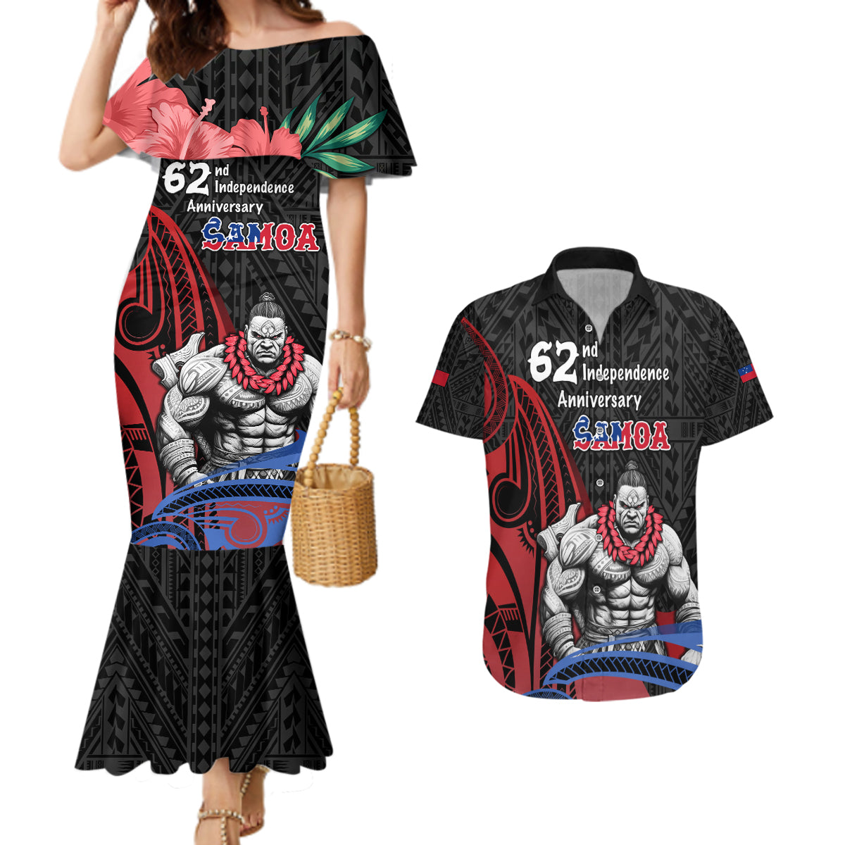 Samoa Independence Day Couples Matching Mermaid Dress and Hawaiian Shirt Samoan Warriors Ula Fala LT05 Black - Polynesian Pride