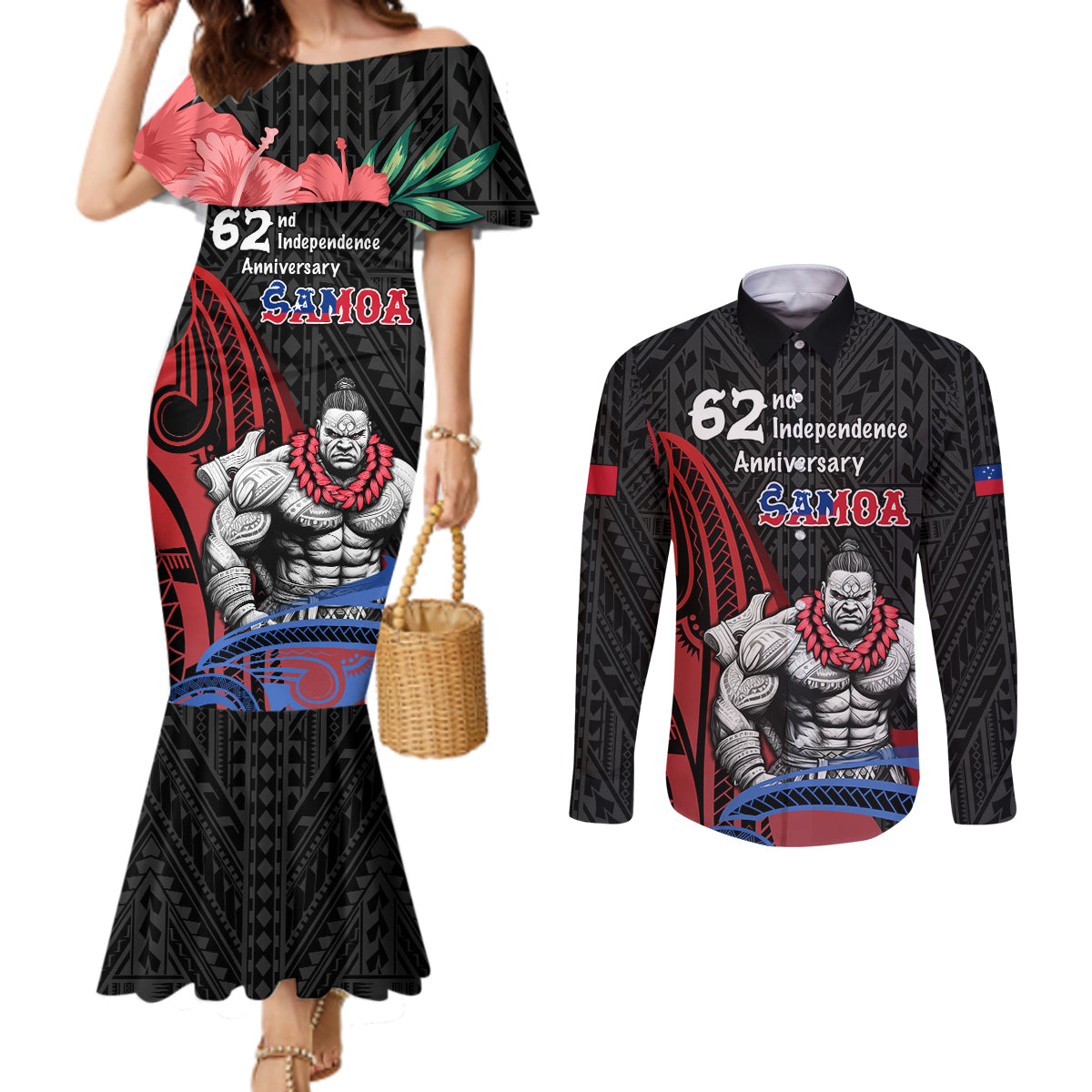 Samoa Independence Day Couples Matching Mermaid Dress and Long Sleeve Button Shirt Samoan Warriors Ula Fala LT05 Black - Polynesian Pride