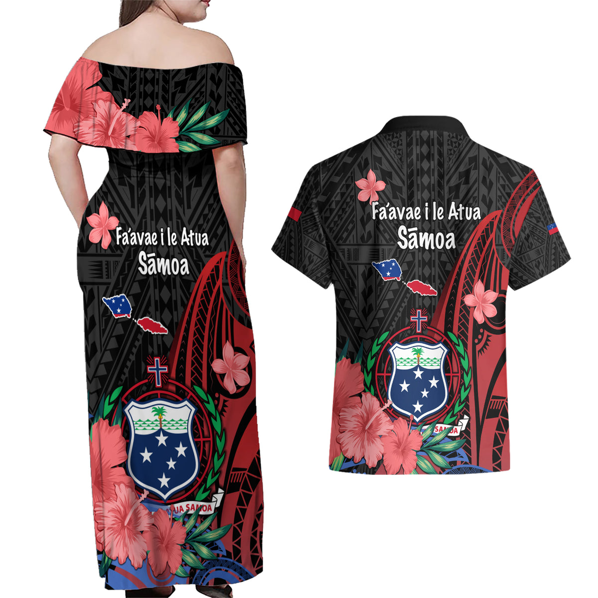 Samoa Independence Day Couples Matching Off Shoulder Maxi Dress and Hawaiian Shirt Samoan Warriors Ula Fala LT05 - Polynesian Pride