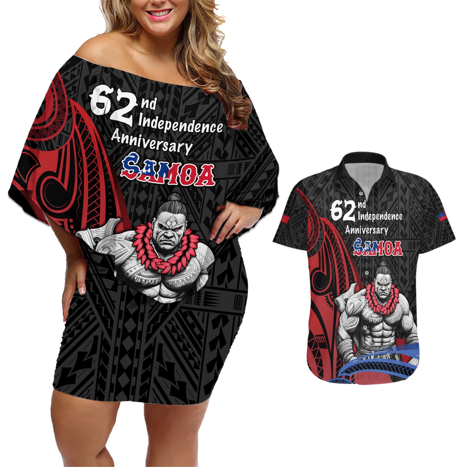 Samoa Independence Day Couples Matching Off Shoulder Short Dress and Hawaiian Shirt Samoan Warriors Ula Fala LT05 Black - Polynesian Pride