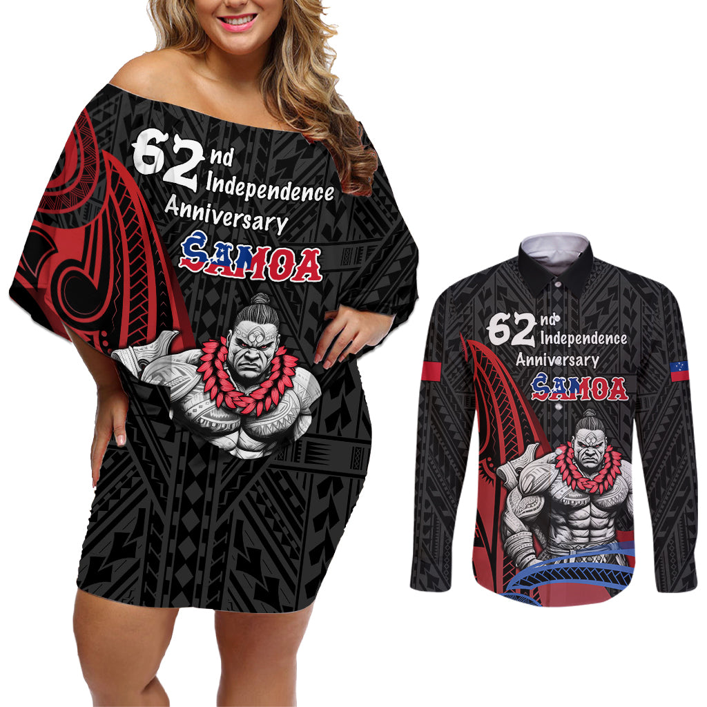 Samoa Independence Day Couples Matching Off Shoulder Short Dress and Long Sleeve Button Shirt Samoan Warriors Ula Fala LT05 Black - Polynesian Pride