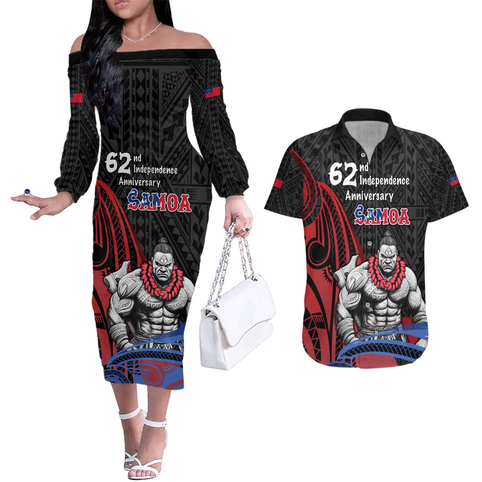 Samoa Independence Day Couples Matching Off The Shoulder Long Sleeve Dress and Hawaiian Shirt Samoan Warriors Ula Fala LT05 Black - Polynesian Pride