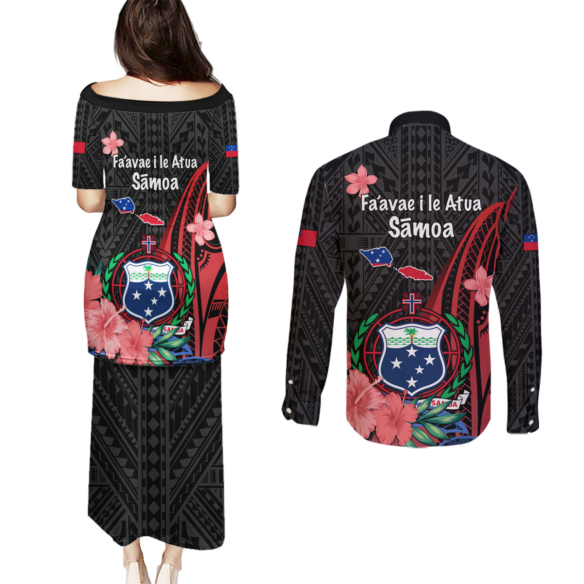 Samoa Independence Day Couples Matching Puletasi Dress and Long Sleeve Button Shirt Samoan Warriors Ula Fala LT05 - Polynesian Pride