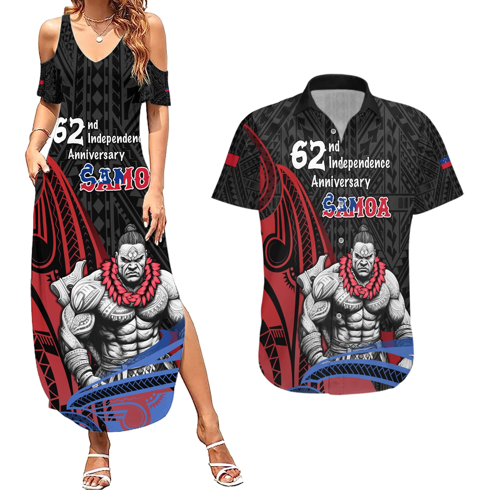 Samoa Independence Day Couples Matching Summer Maxi Dress and Hawaiian Shirt Samoan Warriors Ula Fala LT05 Black - Polynesian Pride