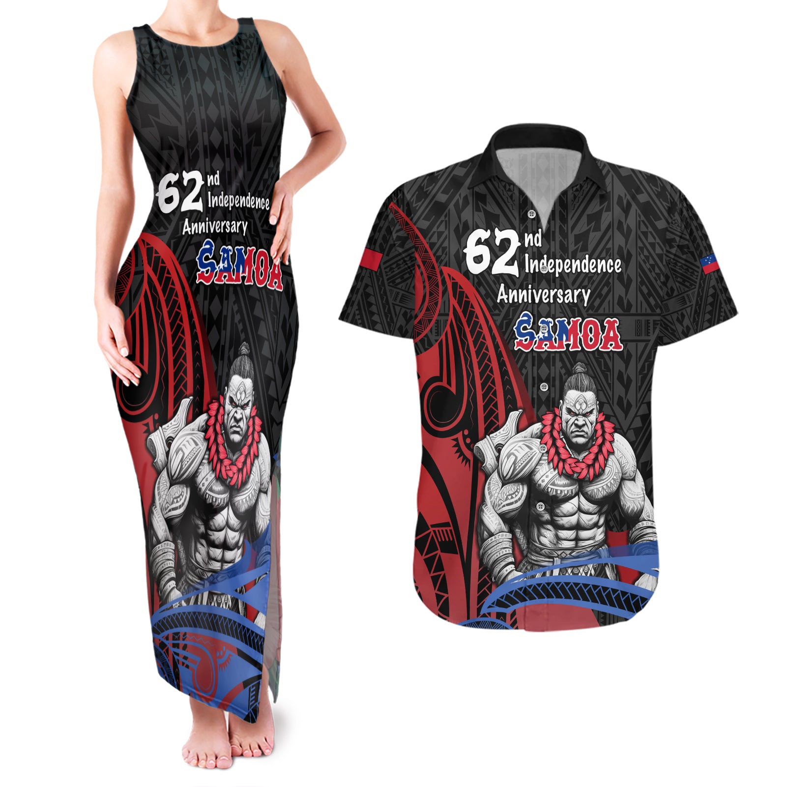 Samoa Independence Day Couples Matching Tank Maxi Dress and Hawaiian Shirt Samoan Warriors Ula Fala LT05 Black - Polynesian Pride