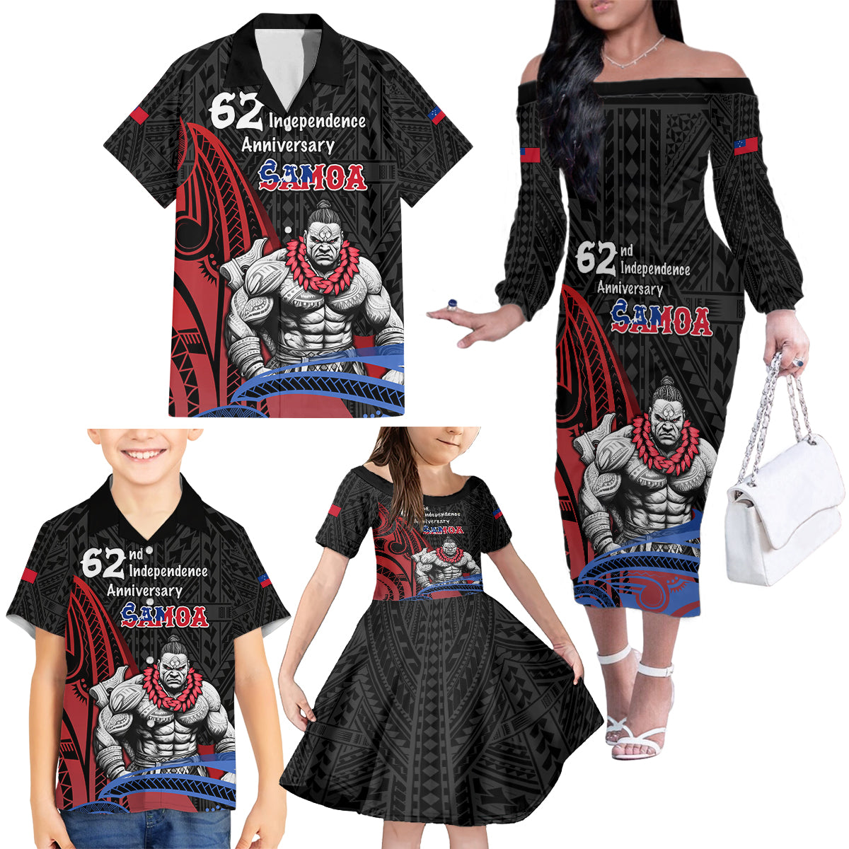 Samoa Independence Day Family Matching Off Shoulder Long Sleeve Dress and Hawaiian Shirt Samoan Warriors Ula Fala LT05 - Polynesian Pride