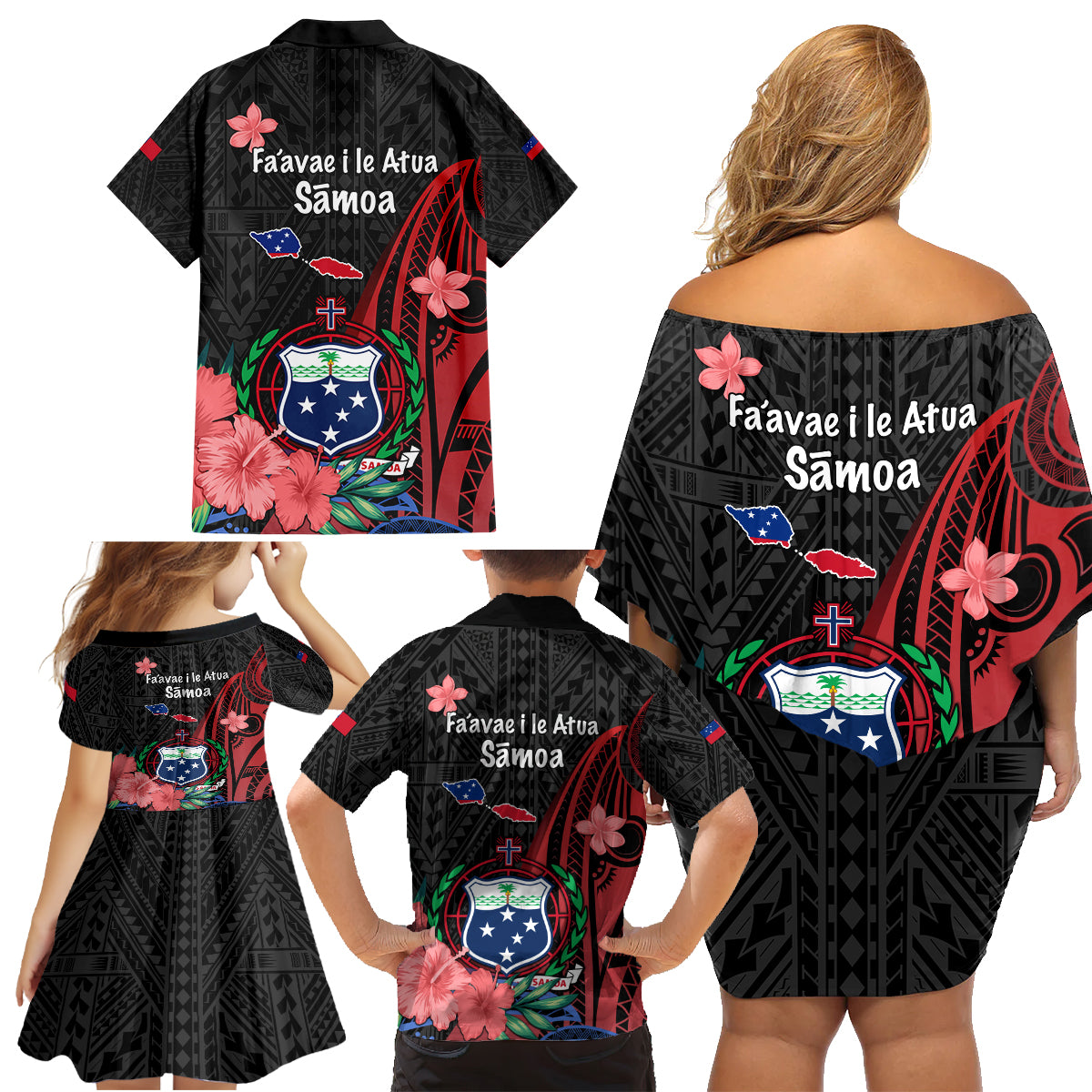 Samoa Independence Day Family Matching Off Shoulder Short Dress and Hawaiian Shirt Samoan Warriors Ula Fala LT05 - Polynesian Pride