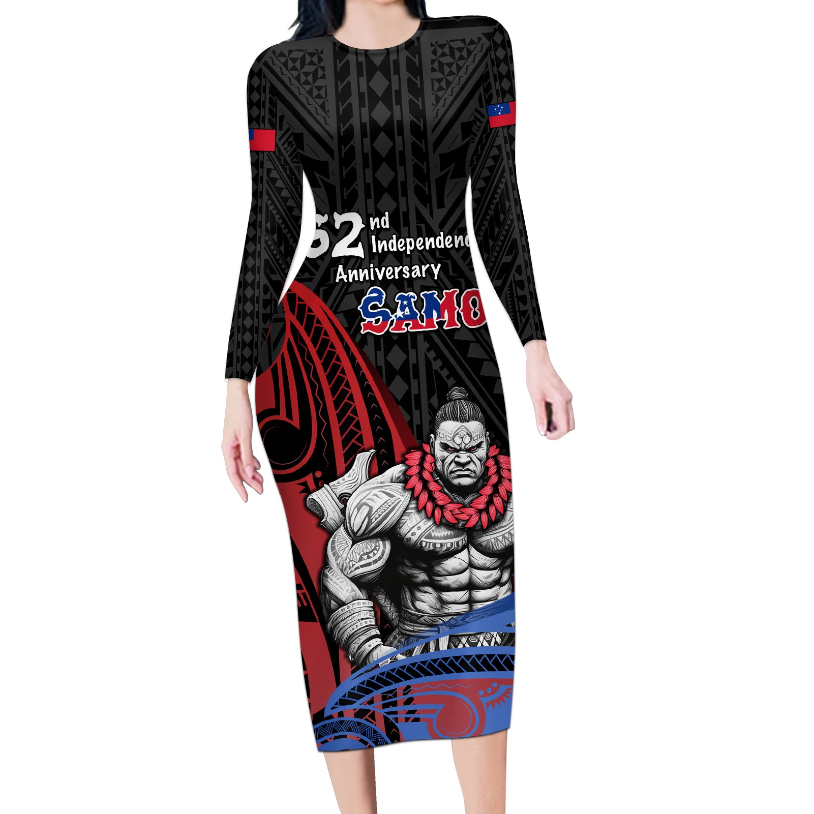 Samoa Independence Day Long Sleeve Bodycon Dress Samoan Warriors Ula Fala LT05 Long Dress Black - Polynesian Pride