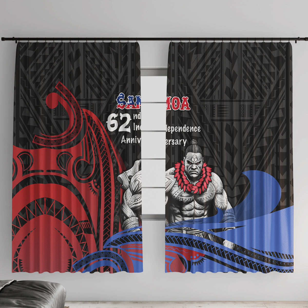 Samoa Independence Day Window Curtain Samoan Warriors Ula Fala LT05 With Hooks Black - Polynesian Pride