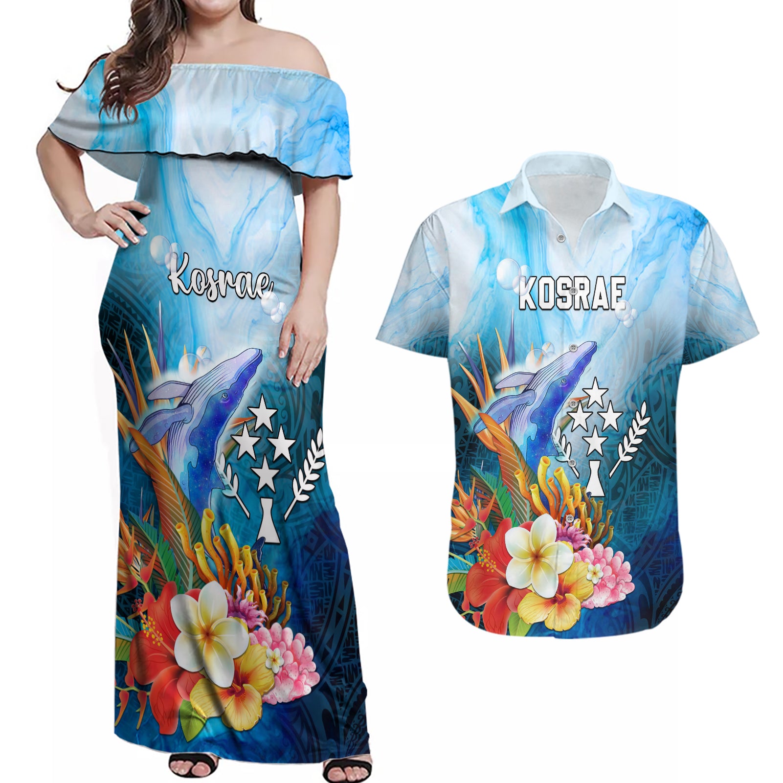 Personalised Kosrae Constitution Day Couples Matching Off Shoulder Maxi Dress and Hawaiian Shirt Humpback Whale Tropical Flowers LT05 Blue - Polynesian Pride