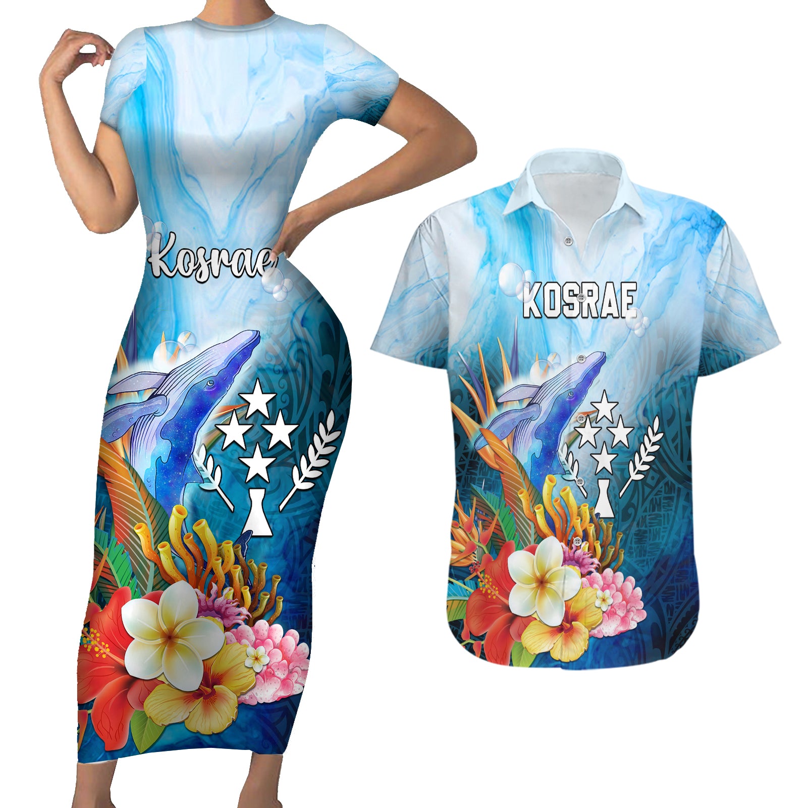 Personalised Kosrae Constitution Day Couples Matching Short Sleeve Bodycon Dress and Hawaiian Shirt Humpback Whale Tropical Flowers LT05 Blue - Polynesian Pride