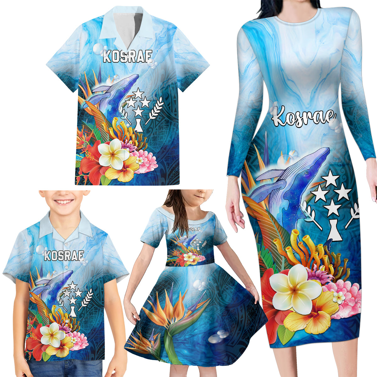 Personalised Kosrae Constitution Day Family Matching Long Sleeve Bodycon Dress and Hawaiian Shirt Humpback Whale Tropical Flowers LT05 - Polynesian Pride