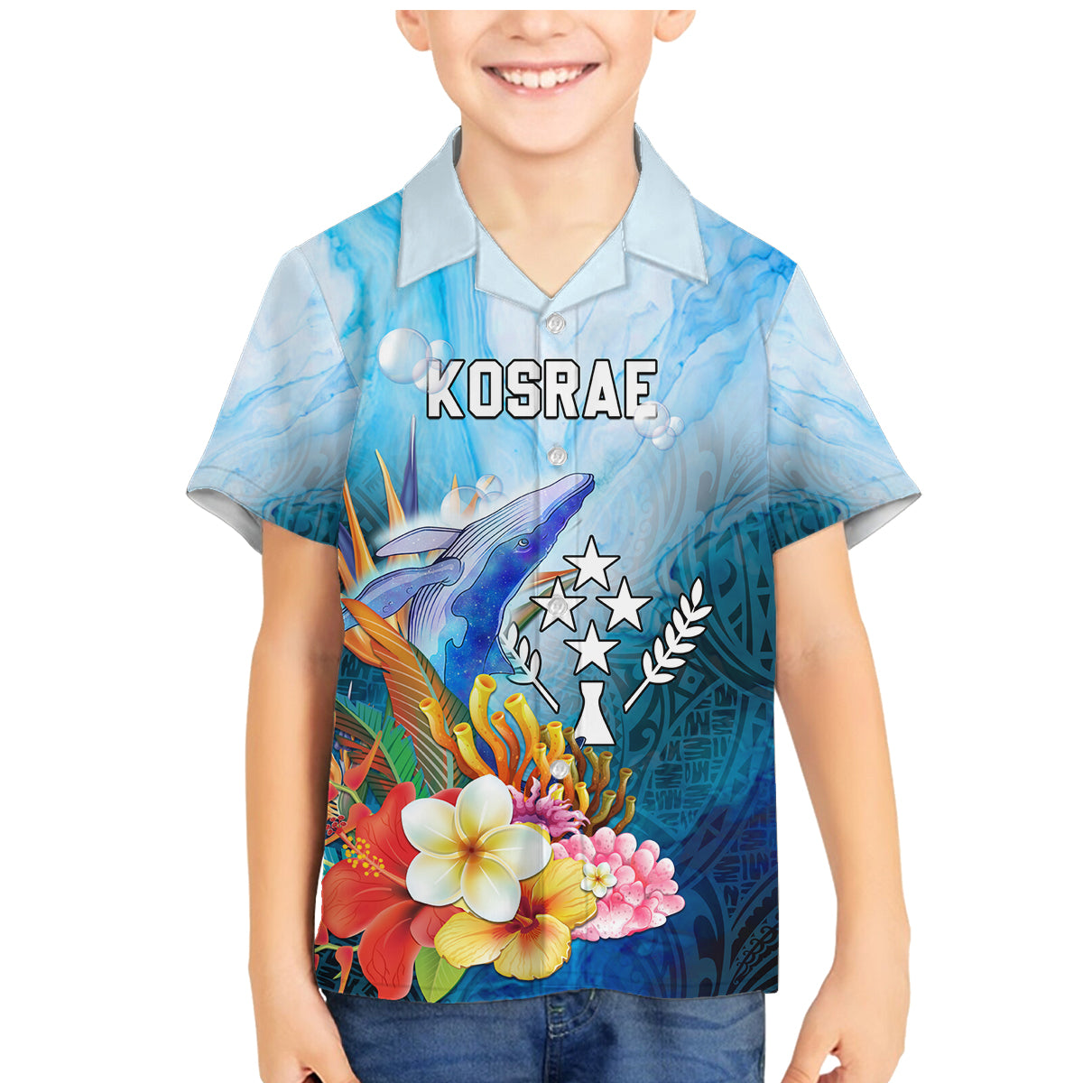 Personalised Kosrae Constitution Day Family Matching Mermaid Dress and Hawaiian Shirt Humpback Whale Tropical Flowers LT05 Son's Shirt Blue - Polynesian Pride