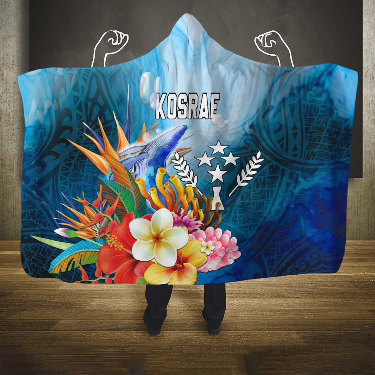 Kosrae Constitution Day Hooded Blanket Humpback Whale Tropical Flowers LT05 One Size Blue - Polynesian Pride