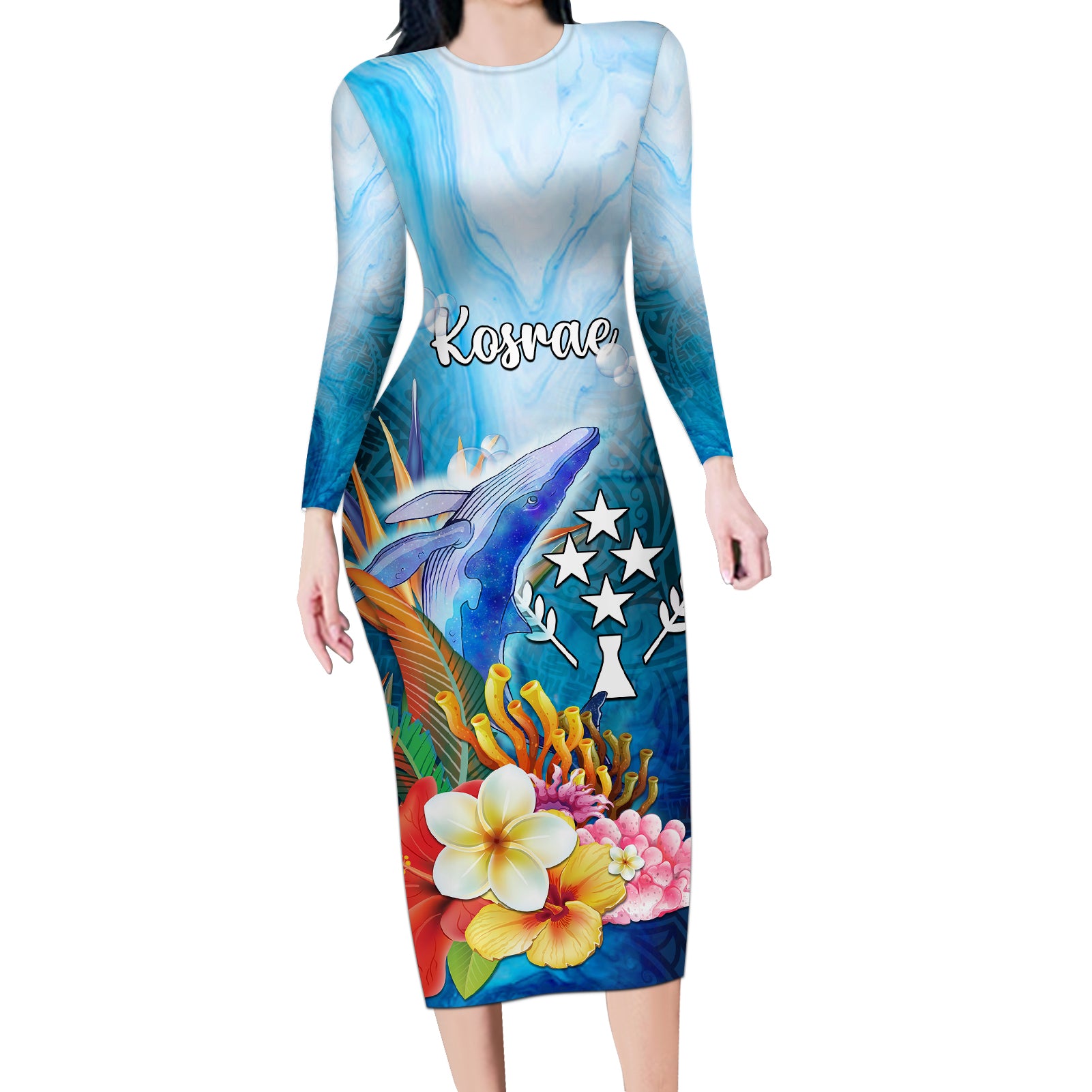 Personalised Kosrae Constitution Day Long Sleeve Bodycon Dress Humpback Whale Tropical Flowers LT05 Long Dress Blue - Polynesian Pride