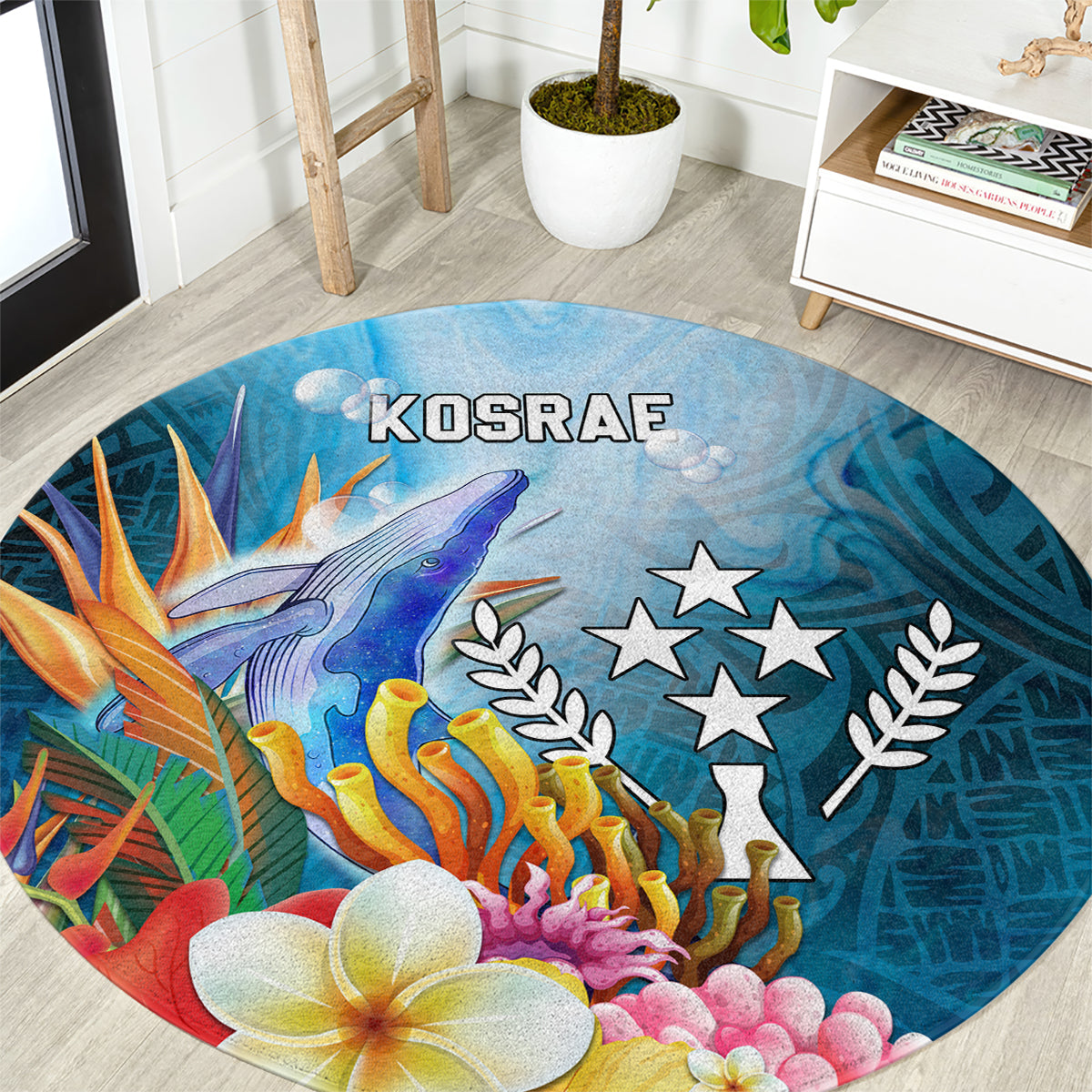 Kosrae Constitution Day Round Carpet Humpback Whale Tropical Flowers LT05 Blue - Polynesian Pride