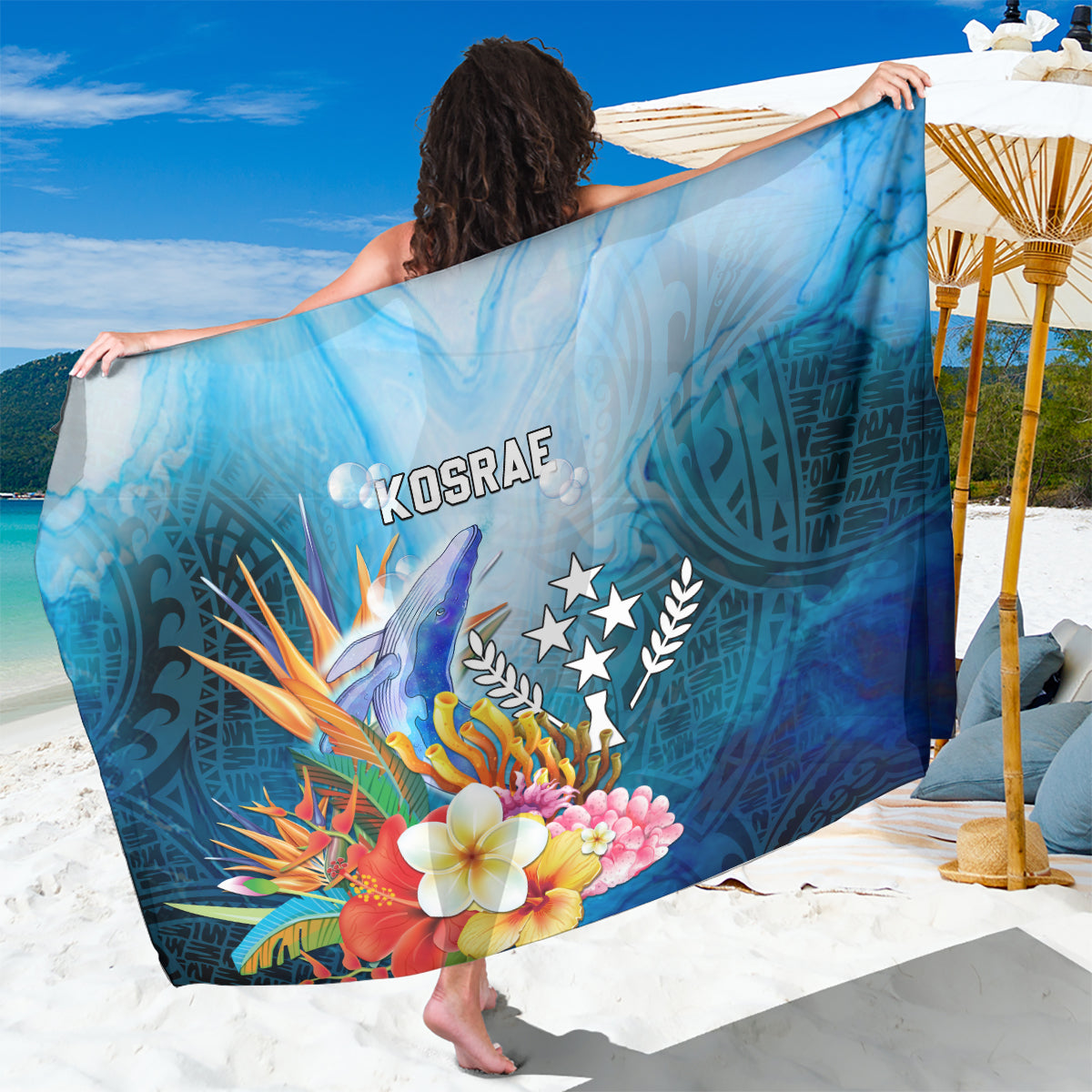 Kosrae Constitution Day Sarong Humpback Whale Tropical Flowers LT05 One Size 44 x 66 inches Blue - Polynesian Pride