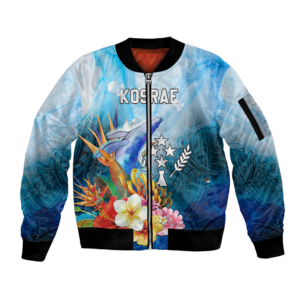 Personalised Kosrae Constitution Day Sleeve Zip Bomber Jacket Humpback Whale Tropical Flowers LT05 Unisex Blue - Polynesian Pride