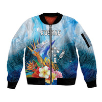 Personalised Kosrae Constitution Day Sleeve Zip Bomber Jacket Humpback Whale Tropical Flowers LT05 Unisex Blue - Polynesian Pride