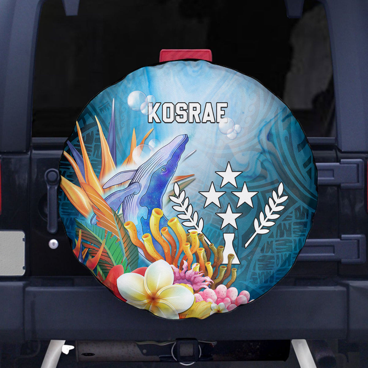 Kosrae Constitution Day Spare Tire Cover Humpback Whale Tropical Flowers LT05 Blue - Polynesian Pride