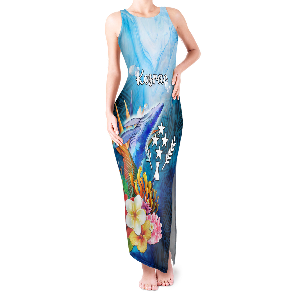 Personalised Kosrae Constitution Day Tank Maxi Dress Humpback Whale Tropical Flowers LT05 Women Blue - Polynesian Pride