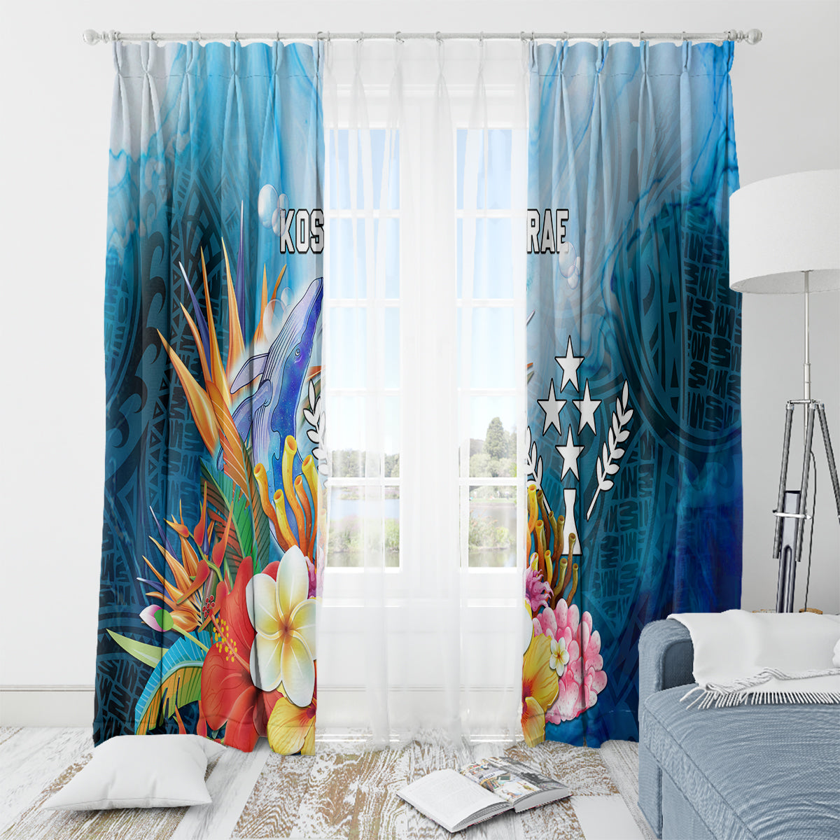 Kosrae Constitution Day Window Curtain Humpback Whale Tropical Flowers LT05 - Polynesian Pride