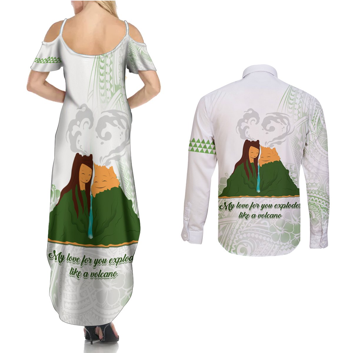 Personalised I LAVA YOU Volcano Valentine Couples Matching Summer Maxi Dress and Long Sleeve Button Shirt Polynesian Tribal Pattern LT05 - Polynesian Pride