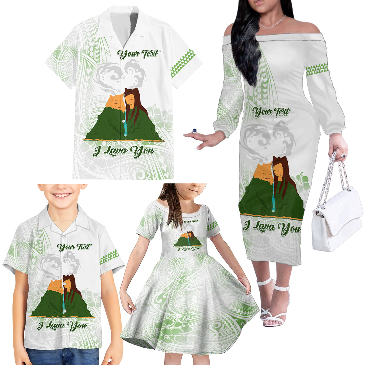 Personalised I LAVA YOU Volcano Valentine Family Matching Off Shoulder Long Sleeve Dress and Hawaiian Shirt Polynesian Tribal Pattern LT05 - Polynesian Pride