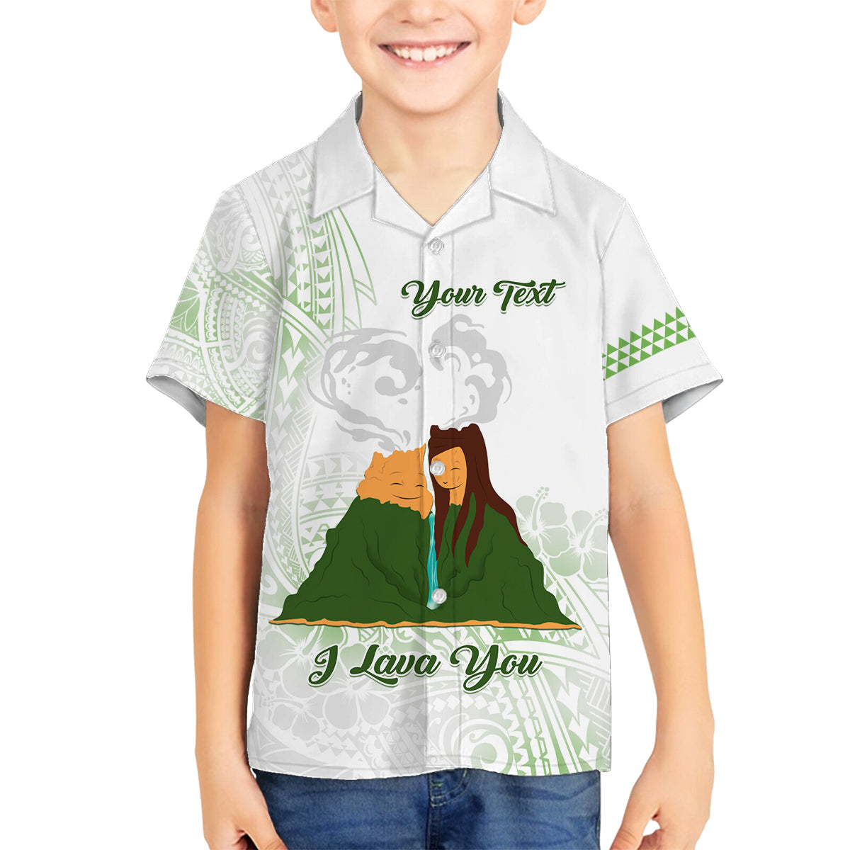 Personalised I LAVA YOU Volcano Valentine Family Matching Off Shoulder Long Sleeve Dress and Hawaiian Shirt Polynesian Tribal Pattern LT05 Son's Shirt White - Polynesian Pride