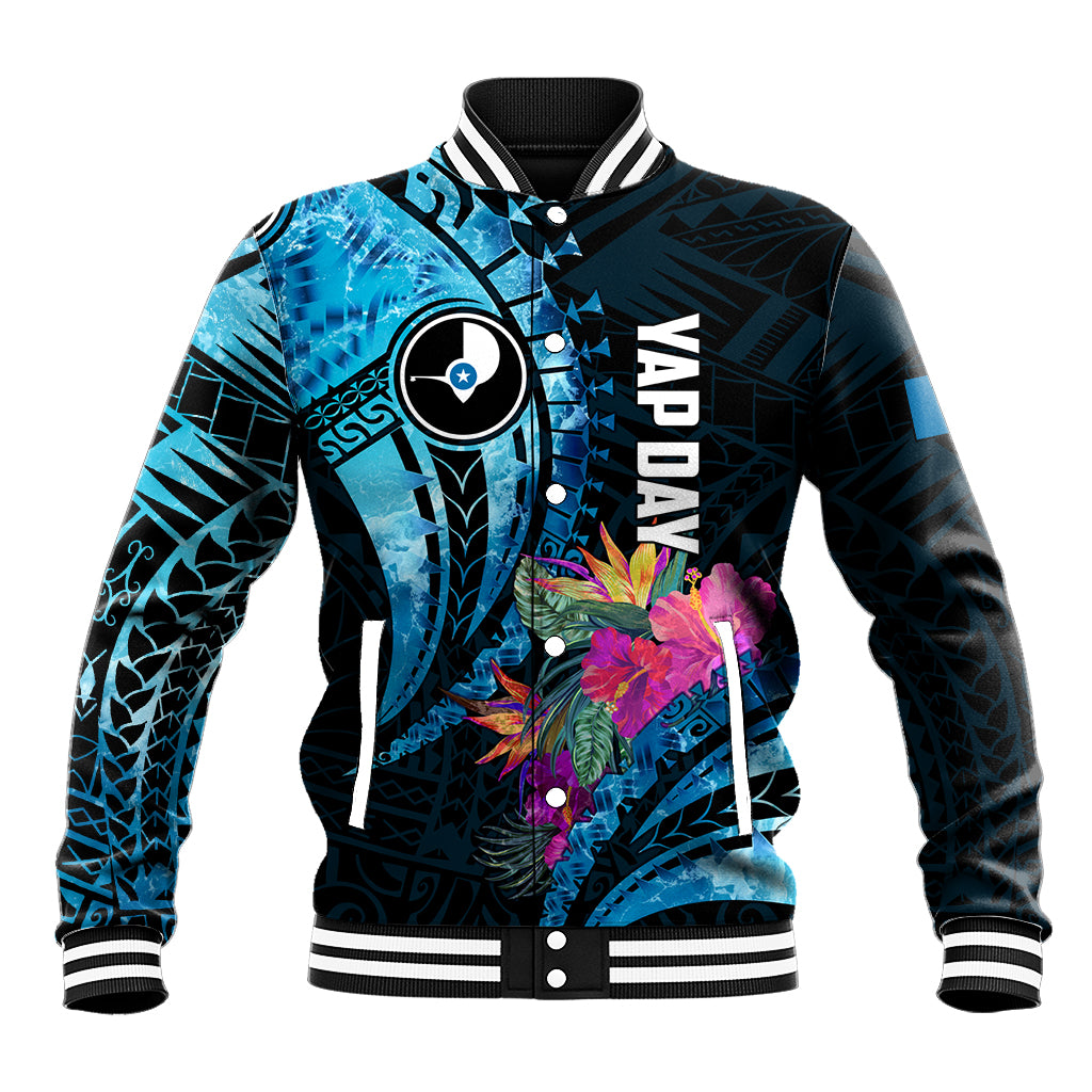 Personalised FSM Yap State Day Baseball Jacket Tropical Flowers Tribal Pattern LT05 Unisex Blue - Polynesian Pride