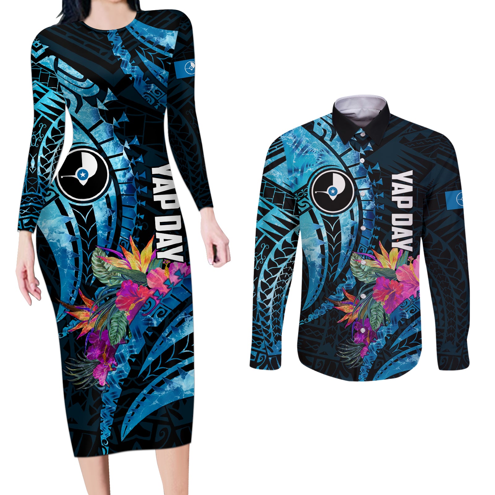 Personalised FSM Yap State Day Couples Matching Long Sleeve Bodycon Dress and Long Sleeve Button Shirt Tropical Flowers Tribal Pattern LT05 Blue - Polynesian Pride