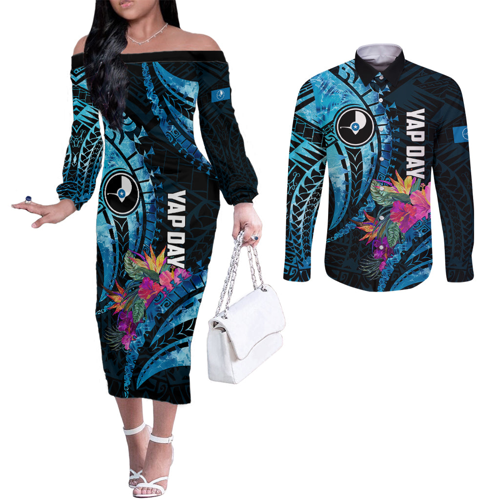 Personalised FSM Yap State Day Couples Matching Off The Shoulder Long Sleeve Dress and Long Sleeve Button Shirt Tropical Flowers Tribal Pattern LT05 Blue - Polynesian Pride