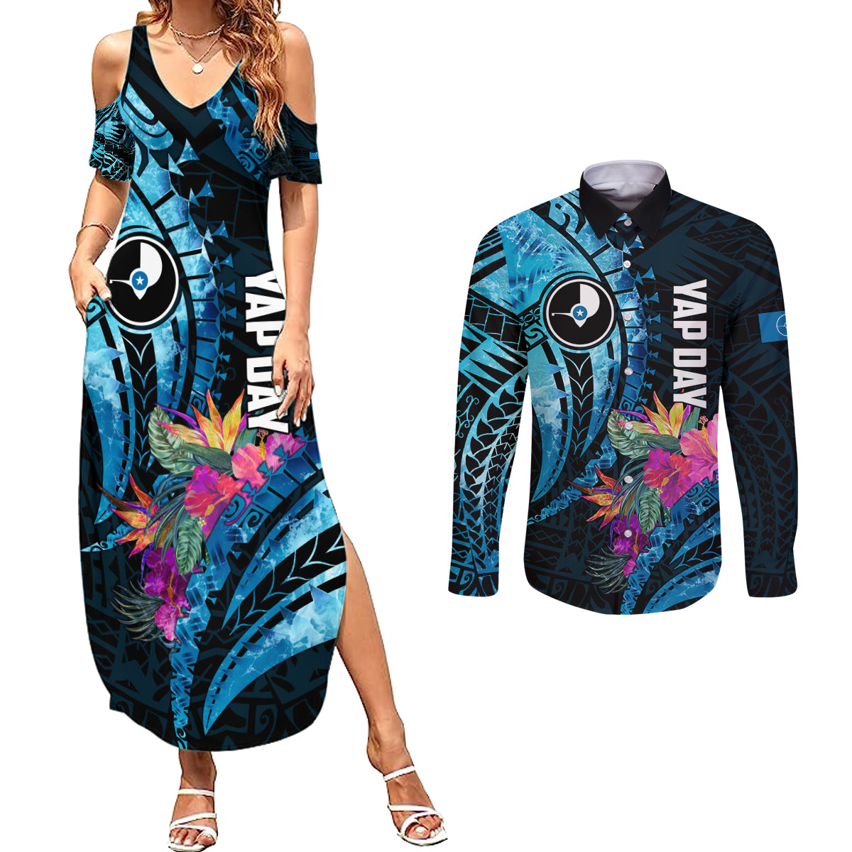 Personalised FSM Yap State Day Couples Matching Summer Maxi Dress and Long Sleeve Button Shirt Tropical Flowers Tribal Pattern LT05 Blue - Polynesian Pride