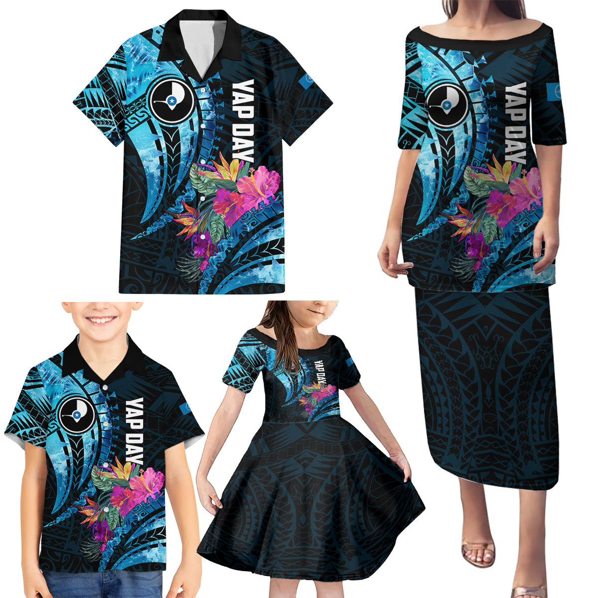 Personalised FSM Yap State Day Family Matching Puletasi and Hawaiian Shirt Tropical Flowers Tribal Pattern LT05 - Polynesian Pride