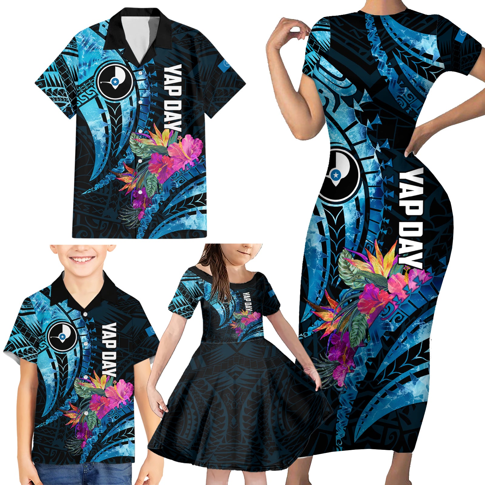 Personalised FSM Yap State Day Family Matching Short Sleeve Bodycon Dress and Hawaiian Shirt Tropical Flowers Tribal Pattern LT05 - Polynesian Pride