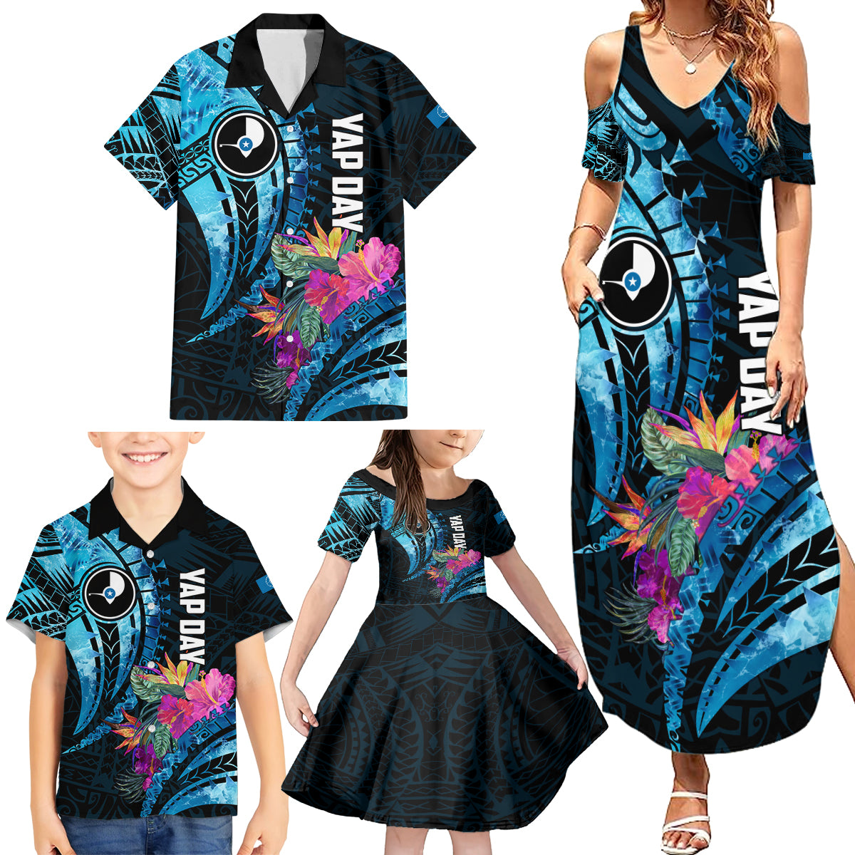 Personalised FSM Yap State Day Family Matching Summer Maxi Dress and Hawaiian Shirt Tropical Flowers Tribal Pattern LT05 - Polynesian Pride