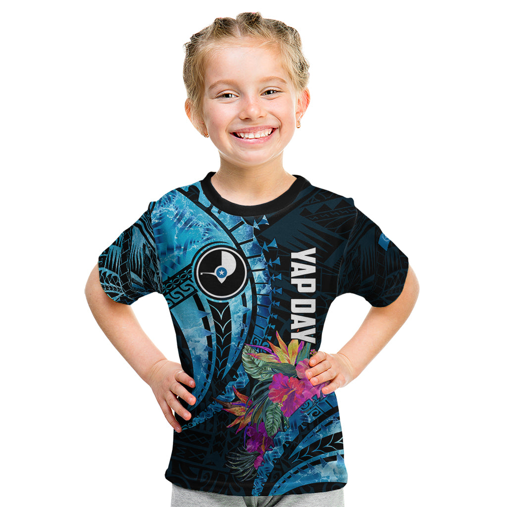 Personalised FSM Yap State Day Kid T Shirt Tropical Flowers Tribal Pattern LT05 Blue - Polynesian Pride