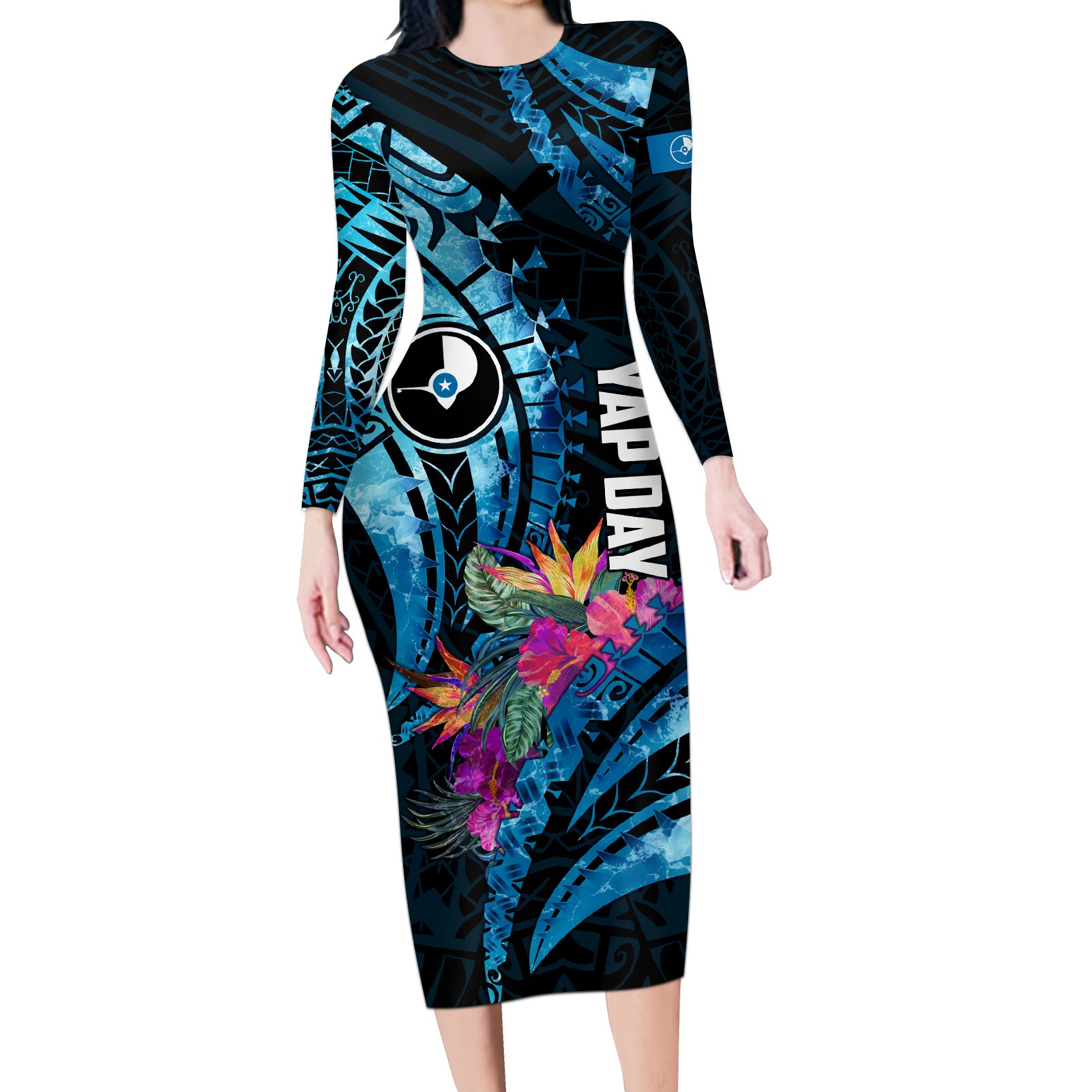 Personalised FSM Yap State Day Long Sleeve Bodycon Dress Tropical Flowers Tribal Pattern LT05 Long Dress Blue - Polynesian Pride