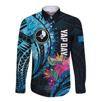 Personalised FSM Yap State Day Long Sleeve Button Shirt Tropical Flowers Tribal Pattern LT05 Unisex Blue - Polynesian Pride