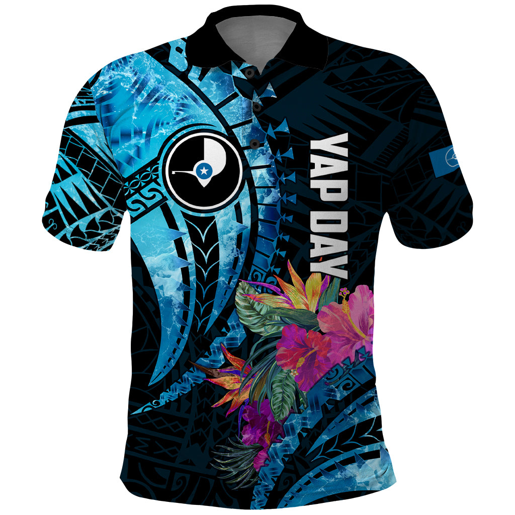 Personalised FSM Yap State Day Polo Shirt Tropical Flowers Tribal Pattern LT05 Blue - Polynesian Pride