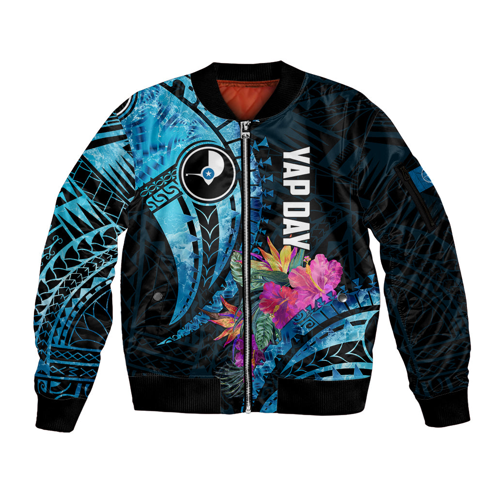 Personalised FSM Yap State Day Sleeve Zip Bomber Jacket Tropical Flowers Tribal Pattern LT05 Unisex Blue - Polynesian Pride