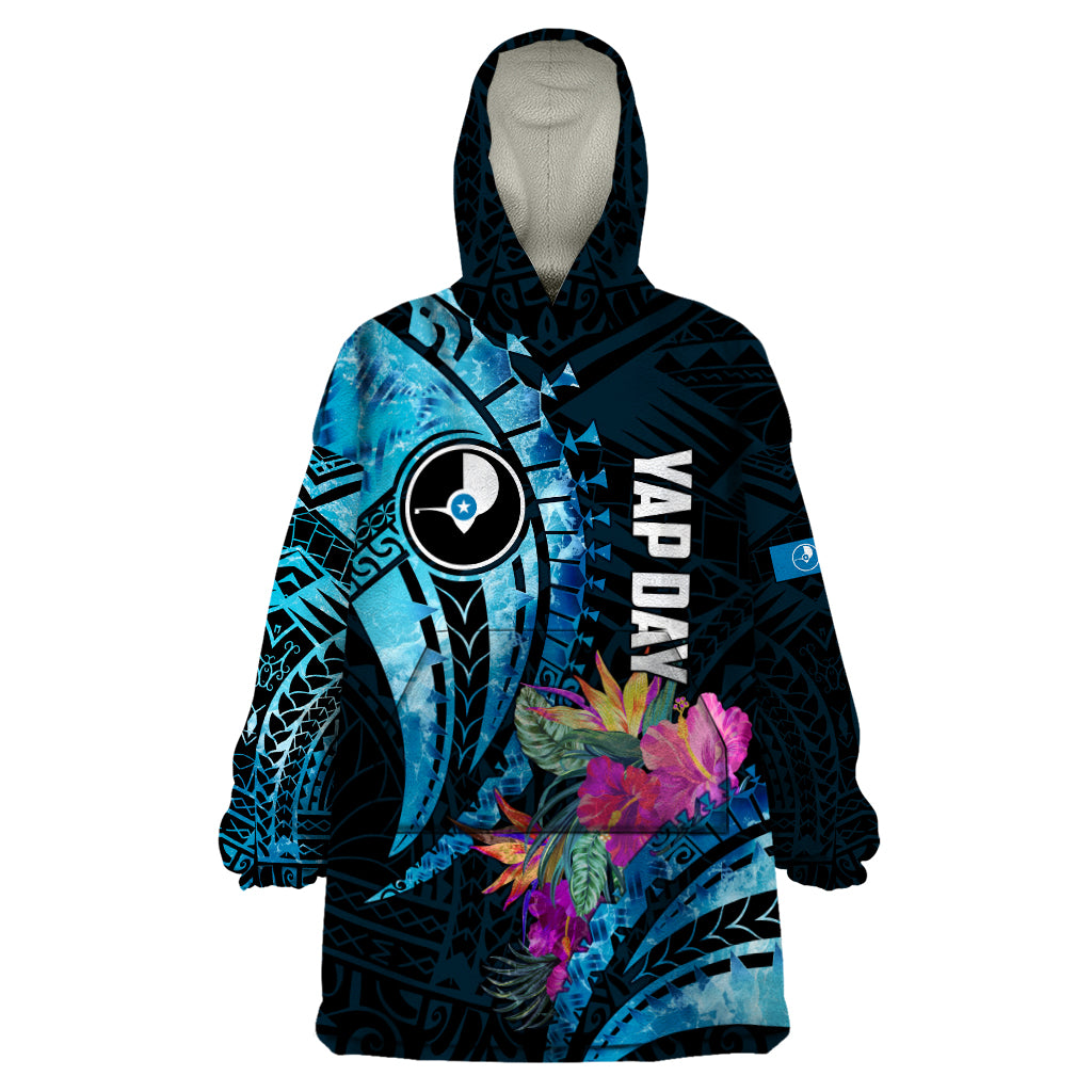 Personalised FSM Yap State Day Wearable Blanket Hoodie Tropical Flowers Tribal Pattern LT05 One Size Blue - Polynesian Pride