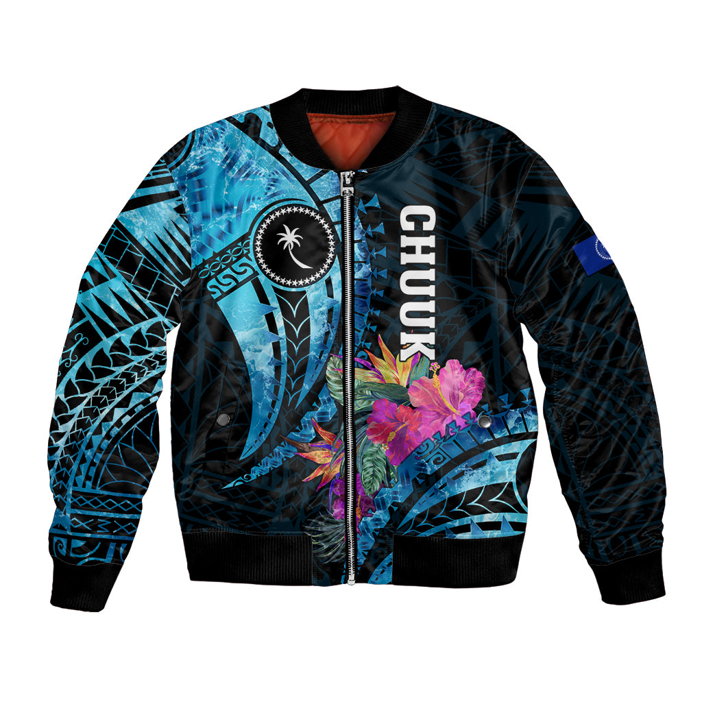Personalised FSM Chuuk State Bomber Jacket Tropical Flowers Tribal Pattern LT05 Unisex Blue - Polynesian Pride
