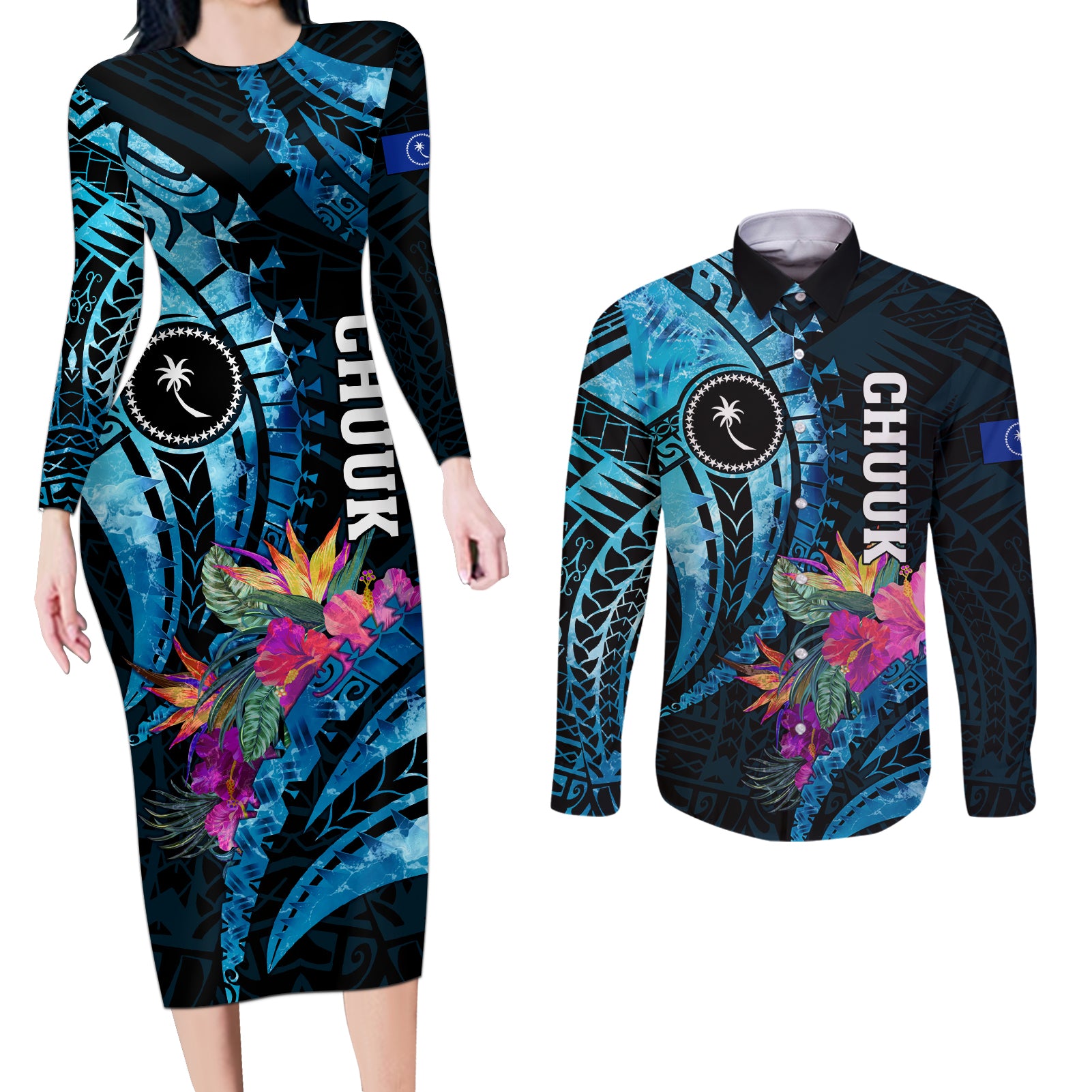 Personalised FSM Chuuk State Couples Matching Long Sleeve Bodycon Dress and Long Sleeve Button Shirt Tropical Flowers Tribal Pattern LT05 Blue - Polynesian Pride