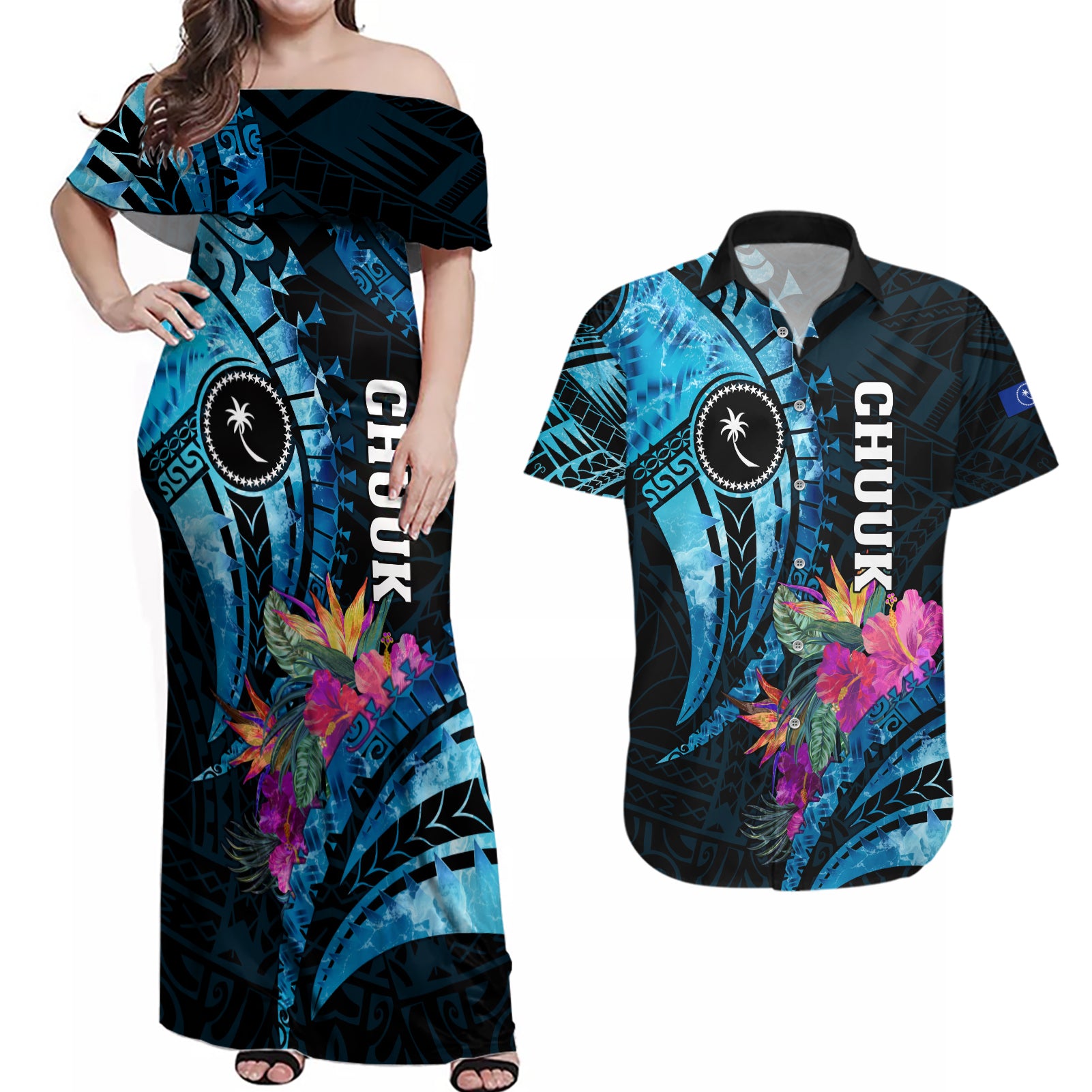 Personalised FSM Chuuk State Couples Matching Off Shoulder Maxi Dress and Hawaiian Shirt Tropical Flowers Tribal Pattern LT05 Blue - Polynesian Pride