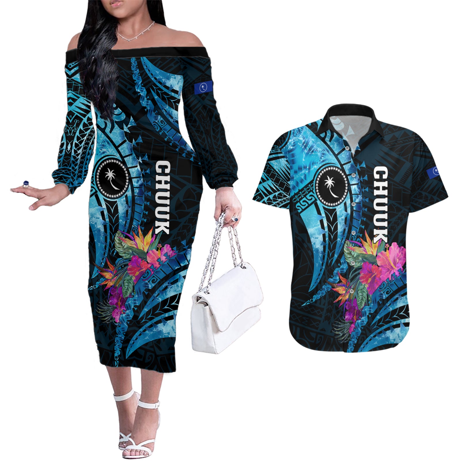 Personalised FSM Chuuk State Couples Matching Off The Shoulder Long Sleeve Dress and Hawaiian Shirt Tropical Flowers Tribal Pattern LT05 Blue - Polynesian Pride