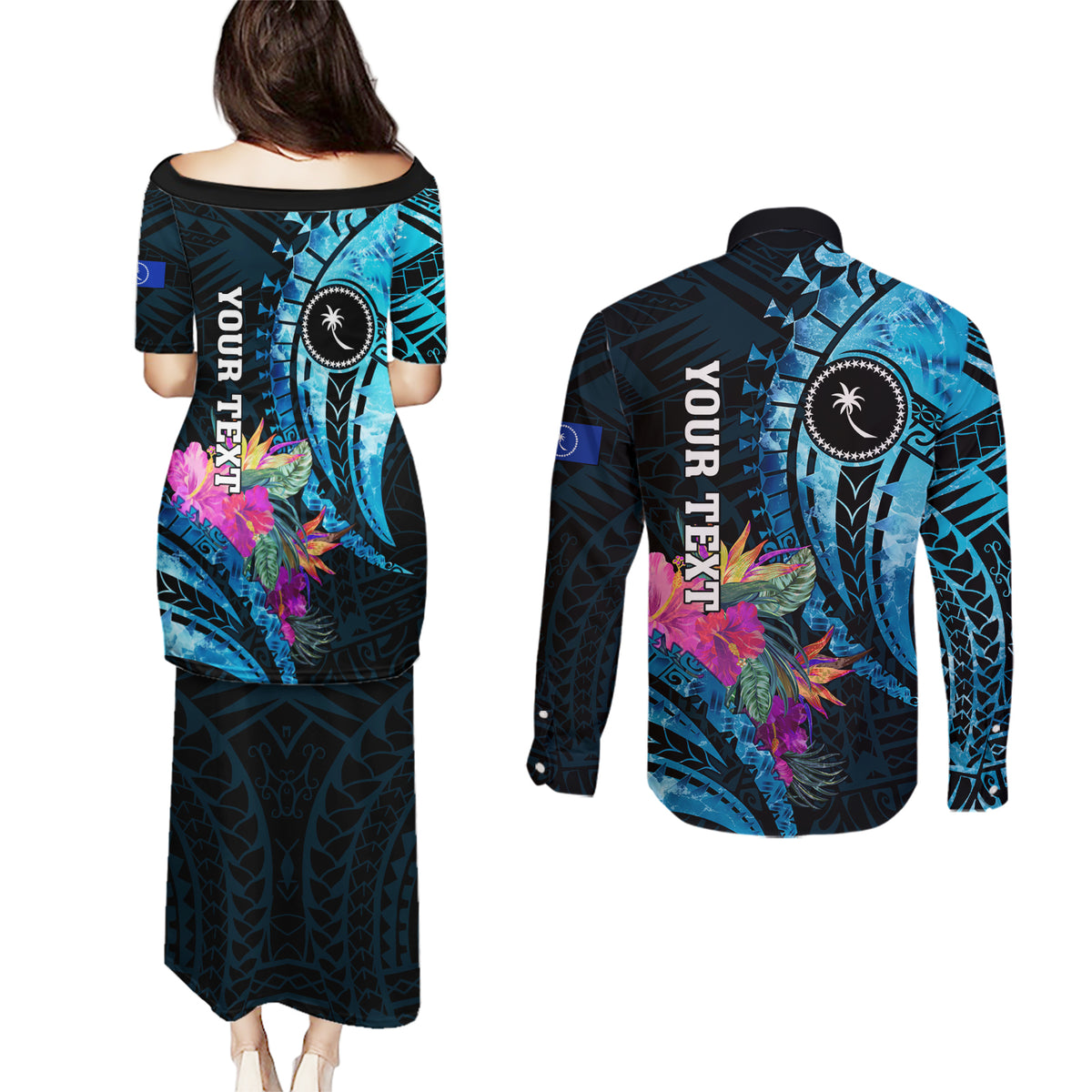 Personalised FSM Chuuk State Couples Matching Puletasi and Long Sleeve Button Shirt Tropical Flowers Tribal Pattern LT05 - Polynesian Pride