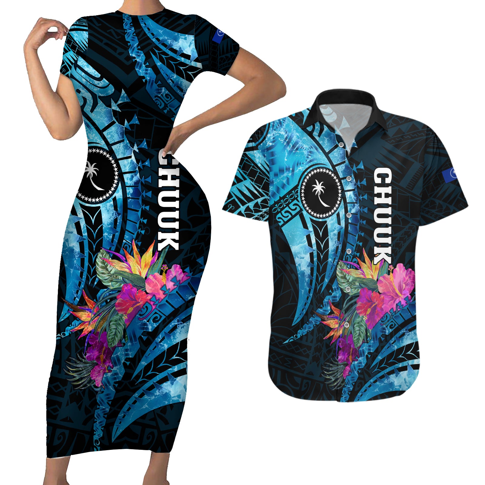 Personalised FSM Chuuk State Couples Matching Short Sleeve Bodycon Dress and Hawaiian Shirt Tropical Flowers Tribal Pattern LT05 Blue - Polynesian Pride