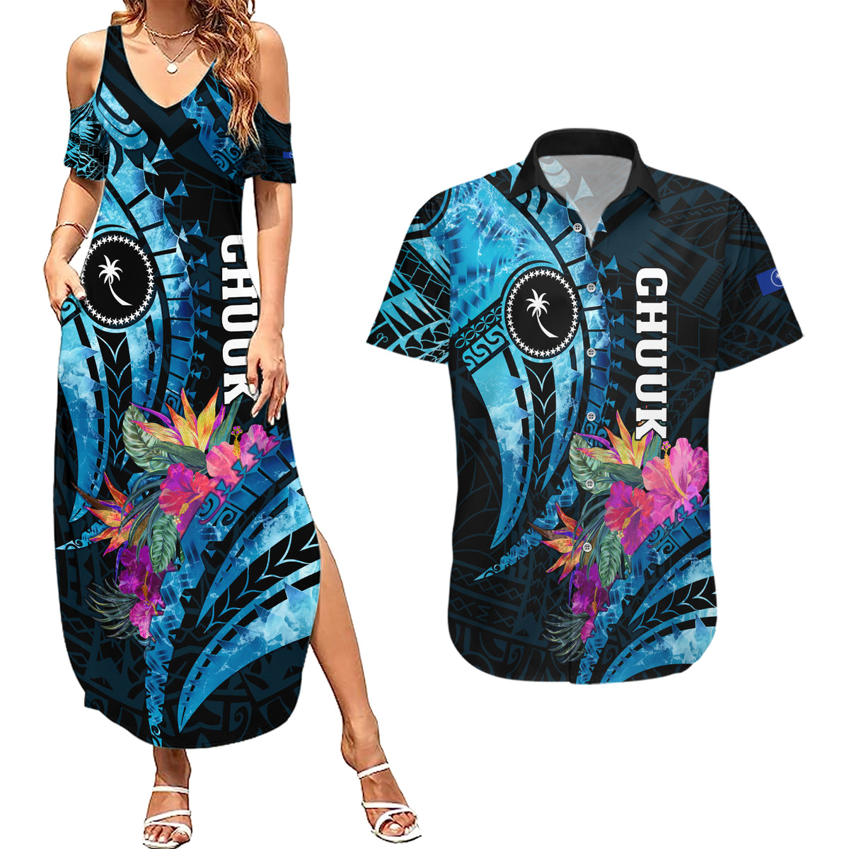 Personalised FSM Chuuk State Couples Matching Summer Maxi Dress and Hawaiian Shirt Tropical Flowers Tribal Pattern LT05 Blue - Polynesian Pride